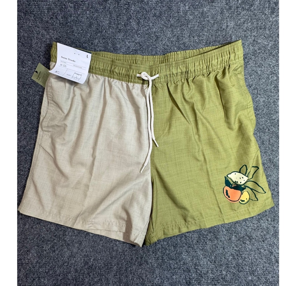 Goodfellow & Co Mens Swim Trunks L Colorblock Green Tan Fruit Graphic 5" Inseam